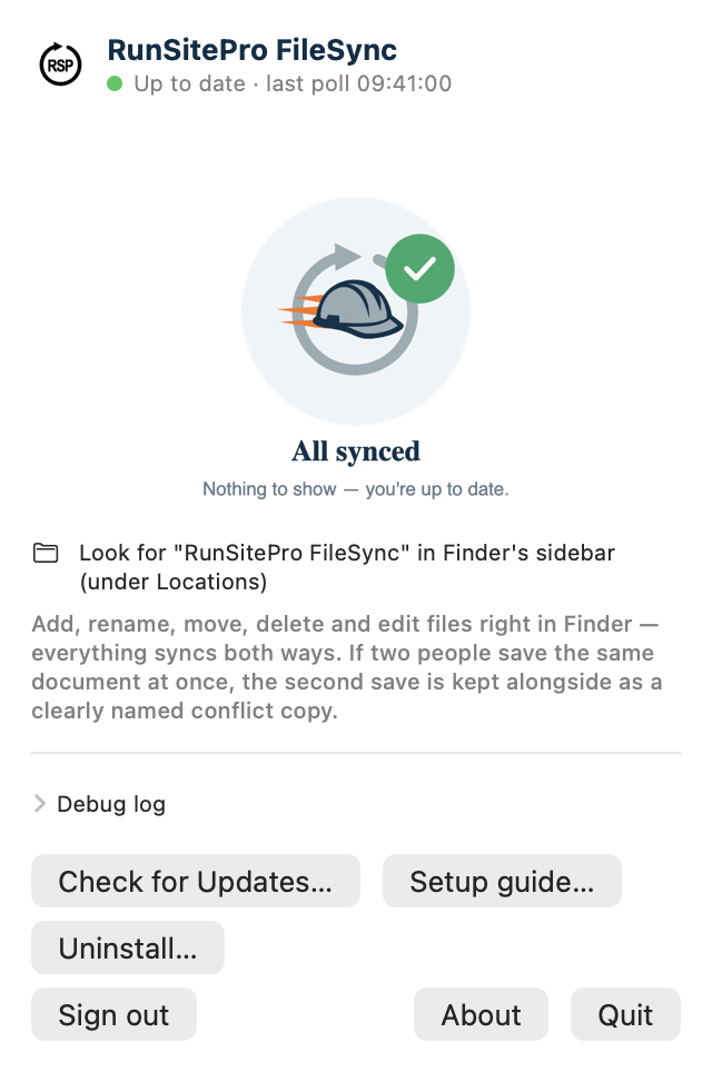 RunSitePro FileSync status window showing everything synced