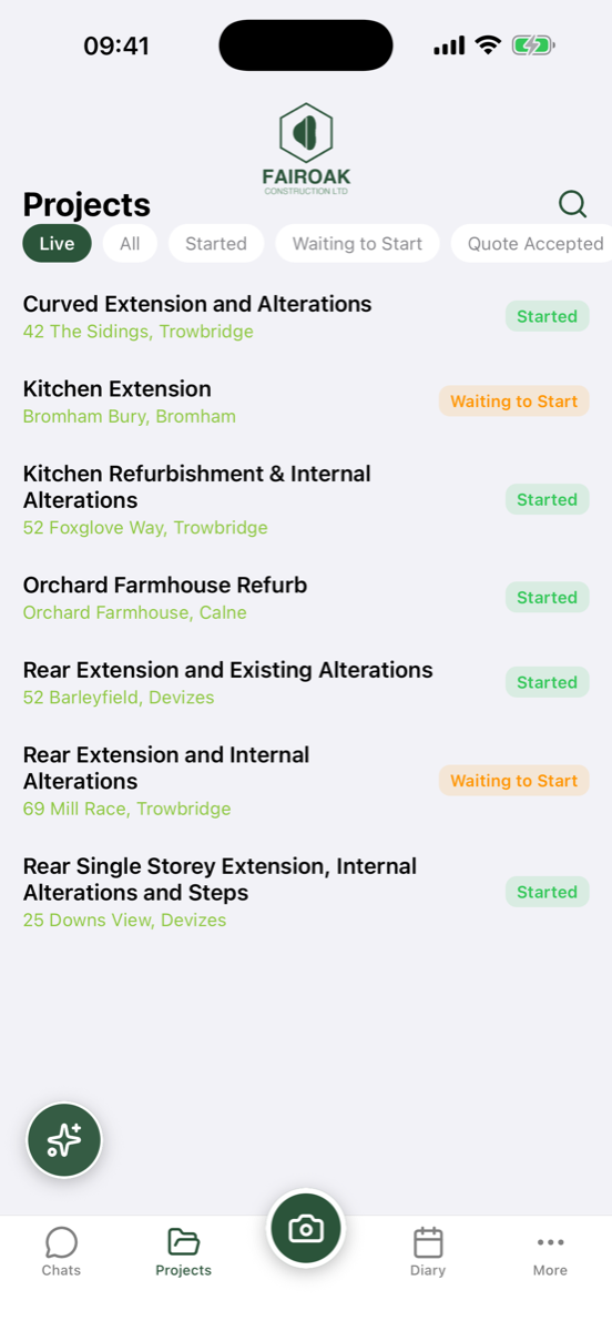 The projects list in the RunSitePro app, wearing the company's own branding