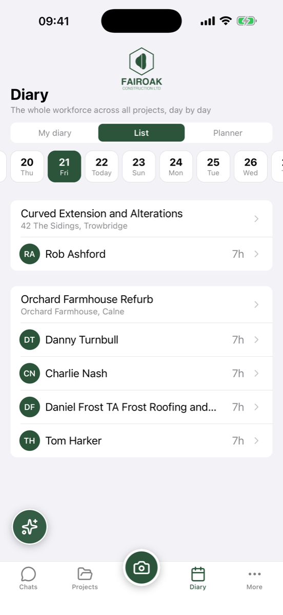 The workforce diary in the RunSitePro app