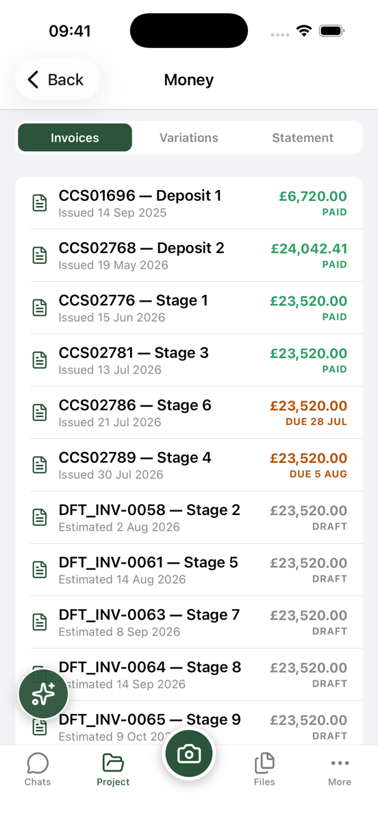 A customer's view in the RunSitePro app: their project's invoices with paid and due statuses, plus variations and statement