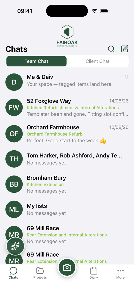 The chats list in the RunSitePro app - every project's conversations in one place, wearing the company's branding